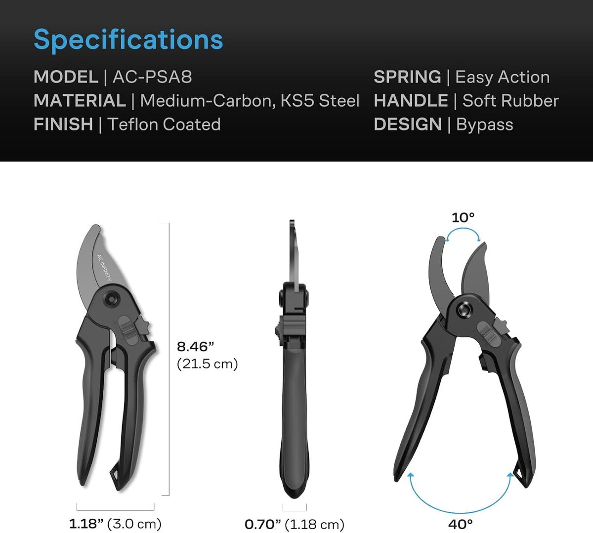 AC Infinity Professional Bypass Steel Pruning Shear 8”