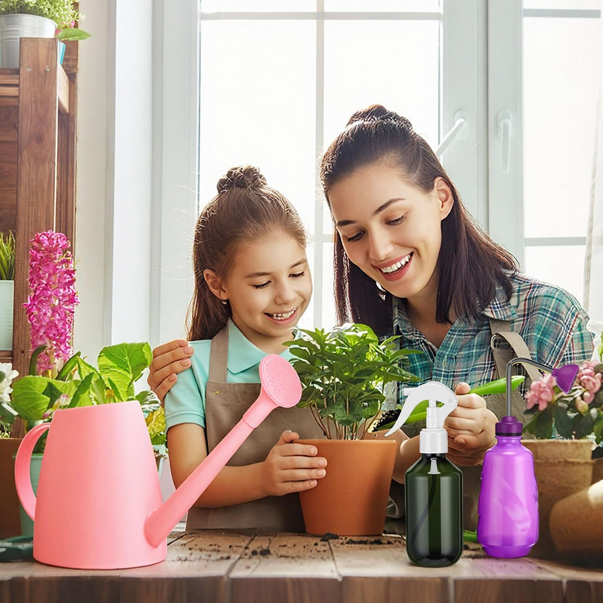 Reallnaive 1/2 Gallon Long Spout Watering Can Set for Indoor & Outdoor Plants – Includes Spray Bottle, Squeeze Bottle, Watering Globes & Soil Moisture Meter for Garden & House Plants(Pink)
