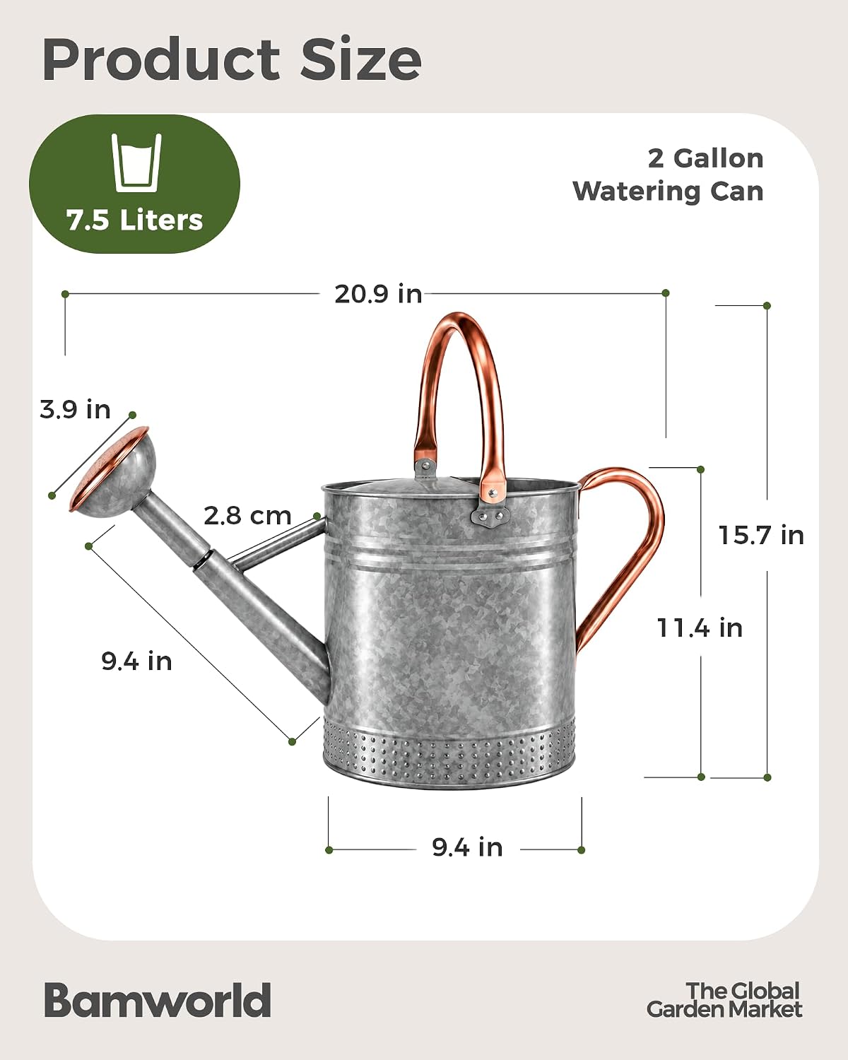 Bamworld Outdoor Watering Can Dual Handle Removable Nozzle 2 Gallon Silver