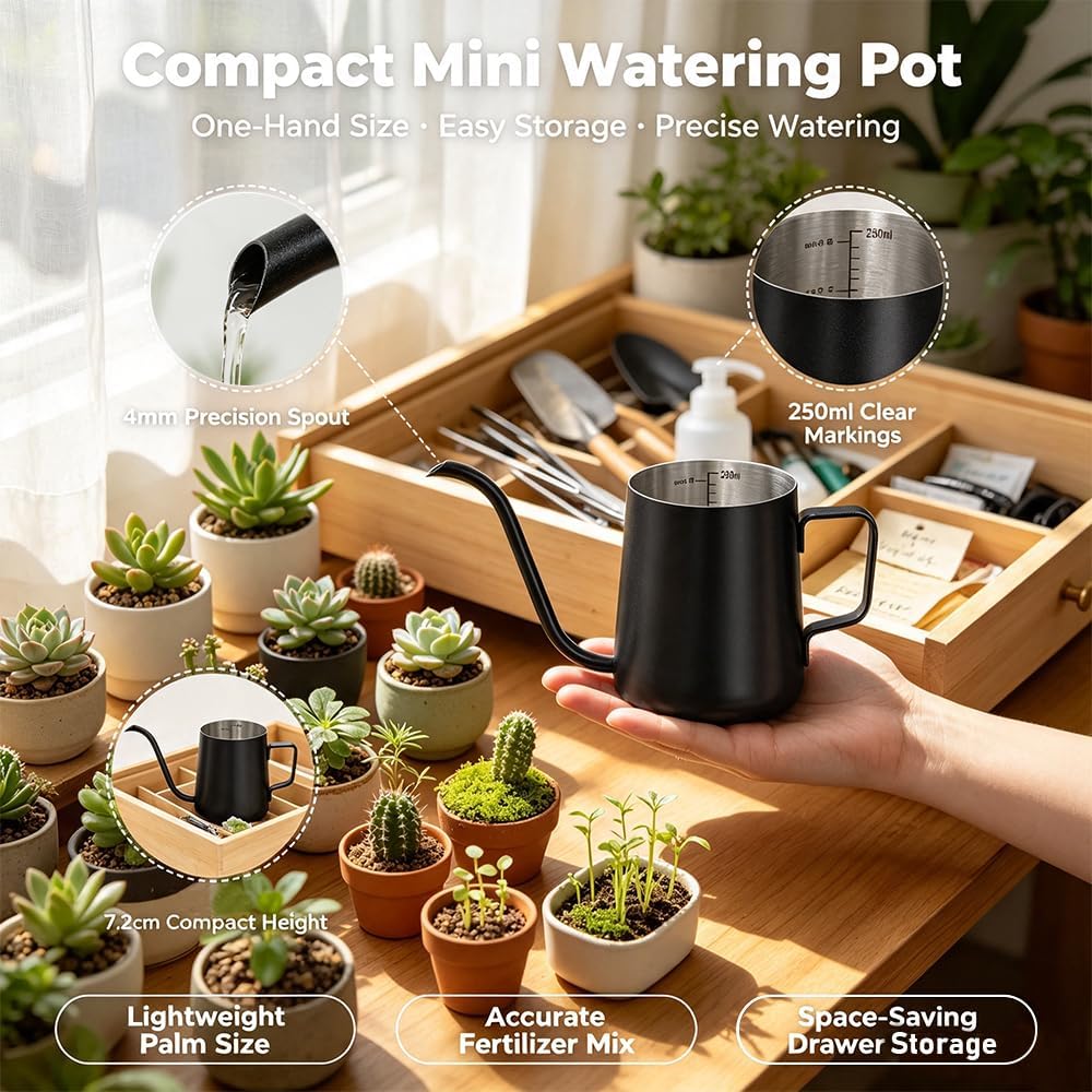 Mini Stainless Steel Watering Can (250ml) - 4mm Swan Neck Spout Small Watering Pot with Internal Scale & PTFE Coating - Gooseneck Kettle for Indoor Plants, Succulents & Pour-Over Coffee