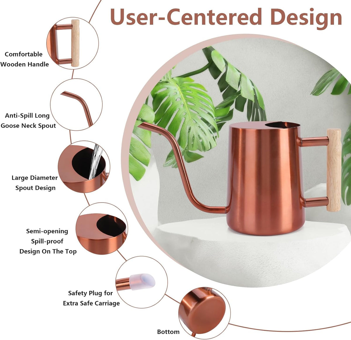 Watering Can Indoor Plants, 35oz Small Stainless Steel Metal Watering Can Modern Decorative Watering Pot with Long Spout for Indoor House Plant Bonsai Garden Flowers (Copper)