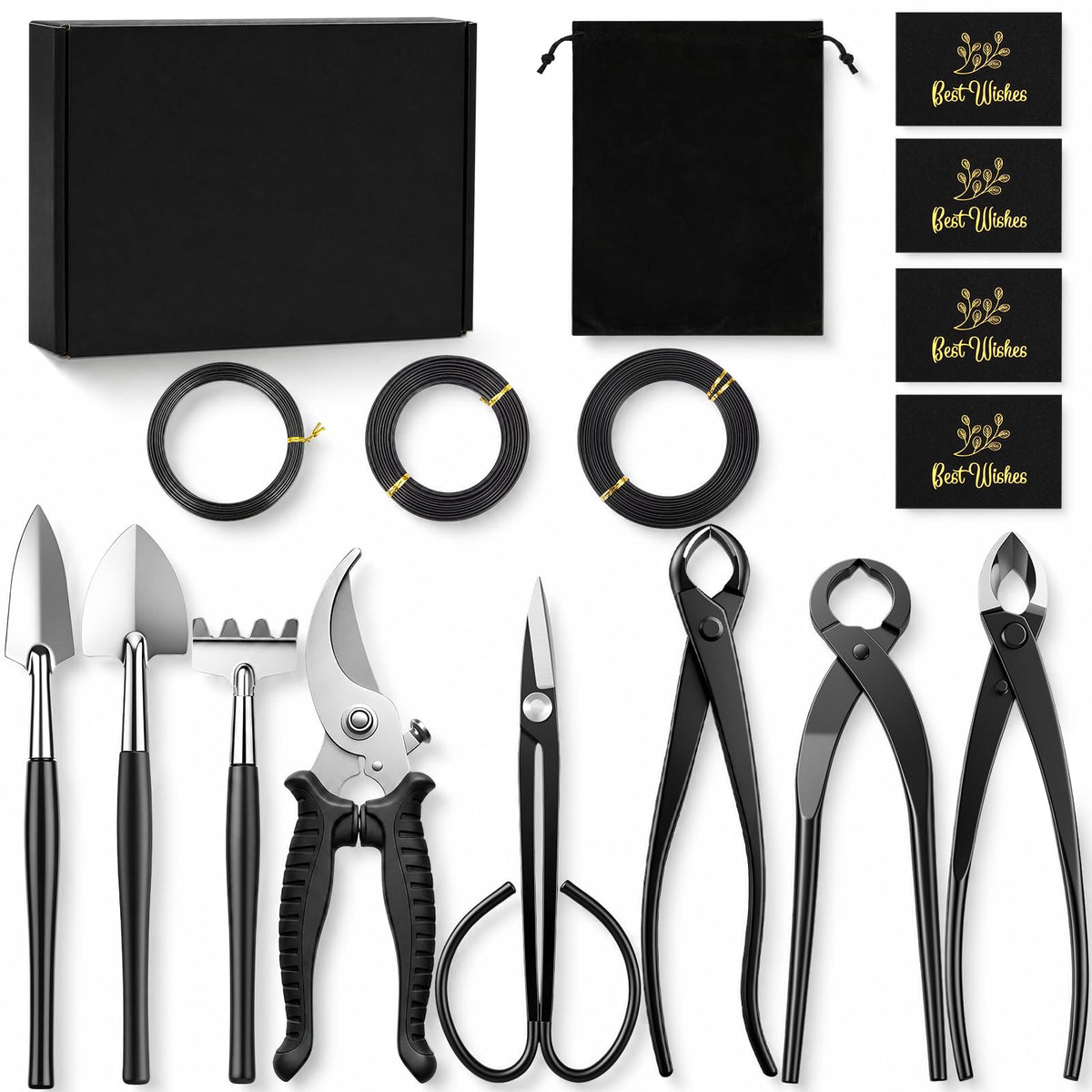 17 Pcs Bonsai Tool Kit Set, Bonsai Cutting Tools and Wire Rolls, Black