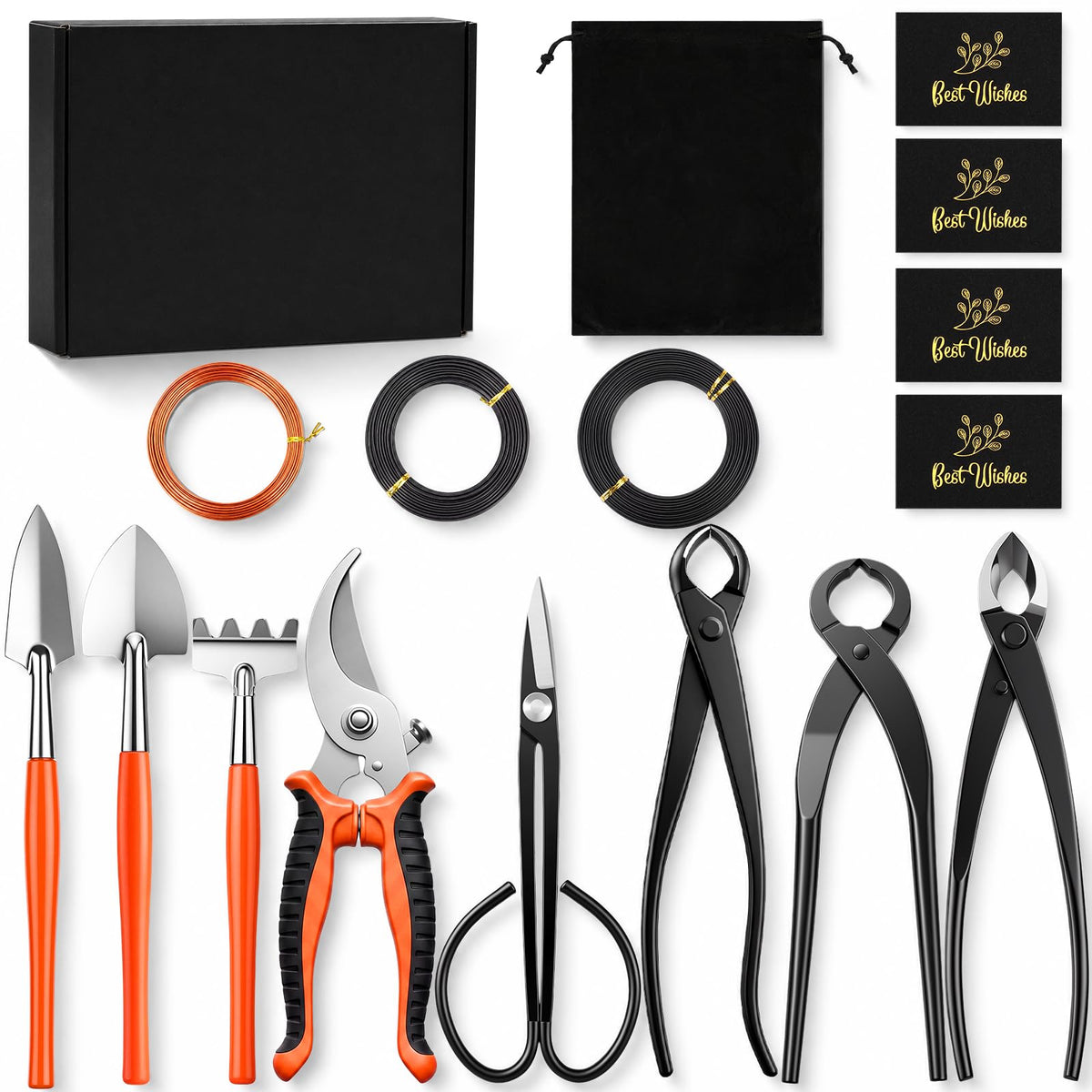 17 Pcs Bonsai Tool Kit Set, Bonsai Cutting Tools and Wire Rolls, Black
