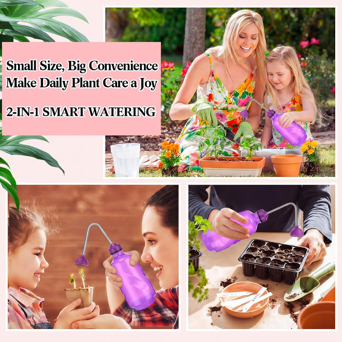 Reallnaive 1/2 Gallon Long Spout Watering Can Set for Indoor & Outdoor Plants – Includes Spray Bottle, Squeeze Bottle, Watering Globes & Soil Moisture Meter for Garden & House Plants(Pink)