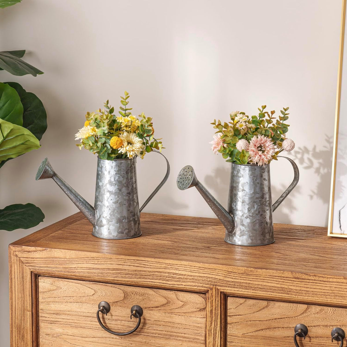 MyGift Vintage Galvanized Metal Watering Can Vases for Flowers, Set of 2