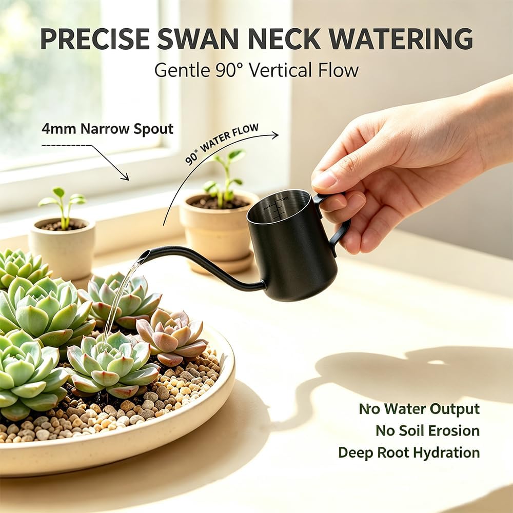 Mini Stainless Steel Watering Can (250ml) - 4mm Swan Neck Spout Small Watering Pot with Internal Scale & PTFE Coating - Gooseneck Kettle for Indoor Plants, Succulents & Pour-Over Coffee