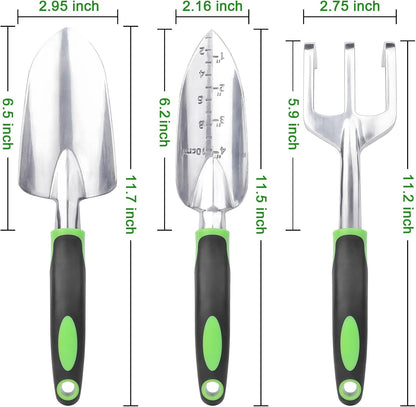 Garden Tools Set, 3 Pack Garden Shovel, Transplant Trowel, Hand Rake Green
