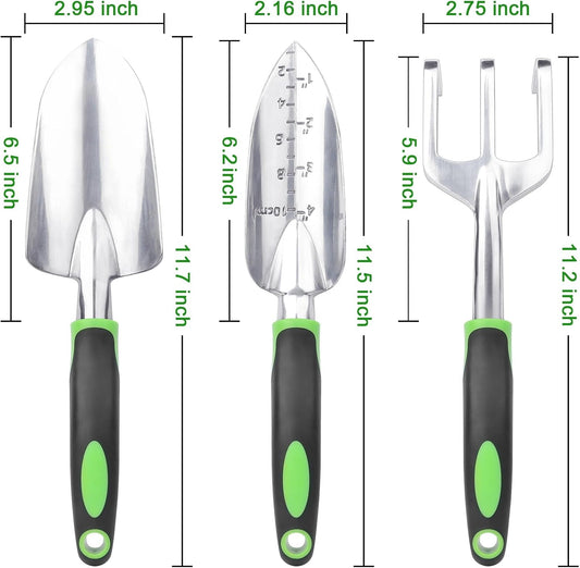 Garden Tools Set, 3 Pack Garden Shovel, Transplant Trowel, Hand Rake Green