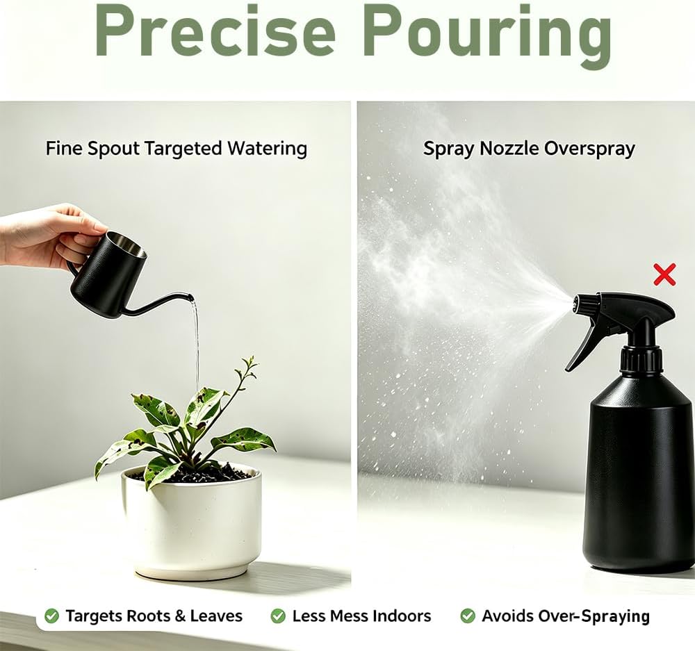 Mini Stainless Steel Watering Can (250ml) - 4mm Swan Neck Spout Small Watering Pot with Internal Scale & PTFE Coating - Gooseneck Kettle for Indoor Plants, Succulents & Pour-Over Coffee