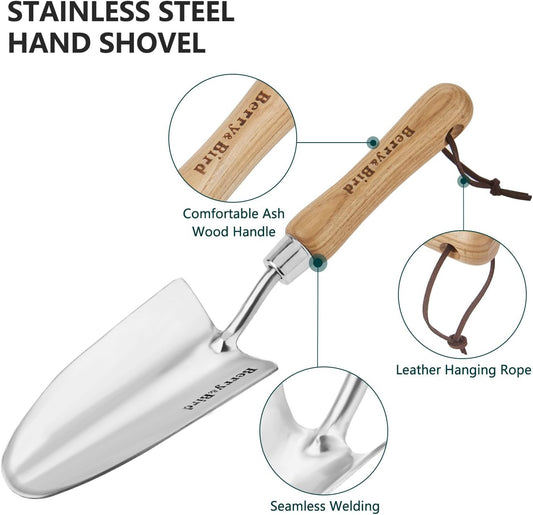Berry&Bird Stainless Steel Trowel, Garden Small Flower Hand Shovel, Potting Soils Scoop with Wood Handle, Gardening Bonsai Tools for Transplanting Digging Weeding Planting