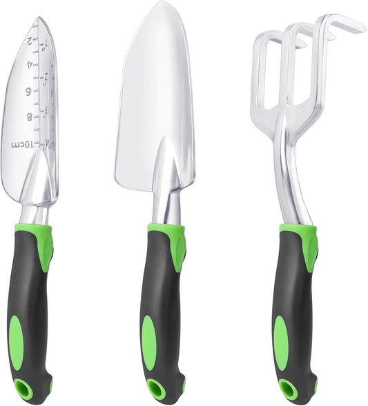 Garden Tools Set, 3 Pack Garden Shovel, Transplant Trowel, Hand Rake Green