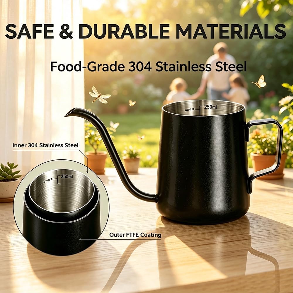 Mini Stainless Steel Watering Can (250ml) - 4mm Swan Neck Spout Small Watering Pot with Internal Scale & PTFE Coating - Gooseneck Kettle for Indoor Plants, Succulents & Pour-Over Coffee
