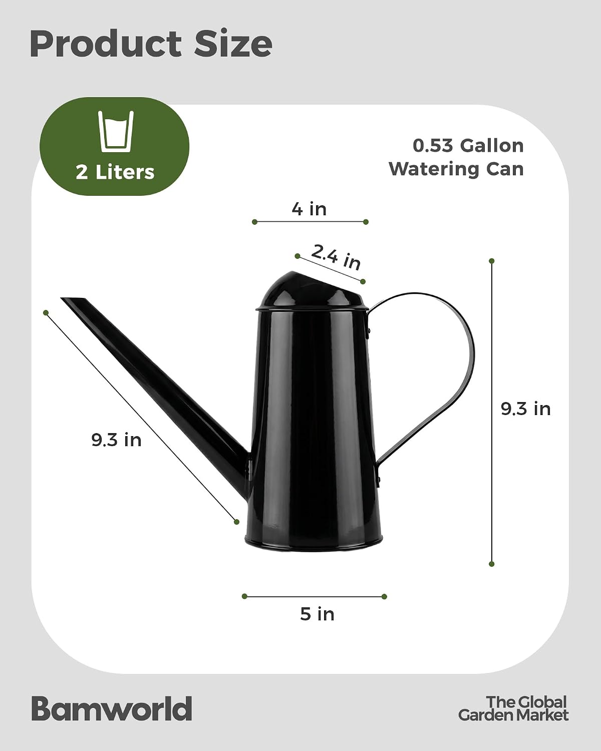 Bamworld Metal Watering Can Indoor Plants with Long Spout 1/2 Gallon Black