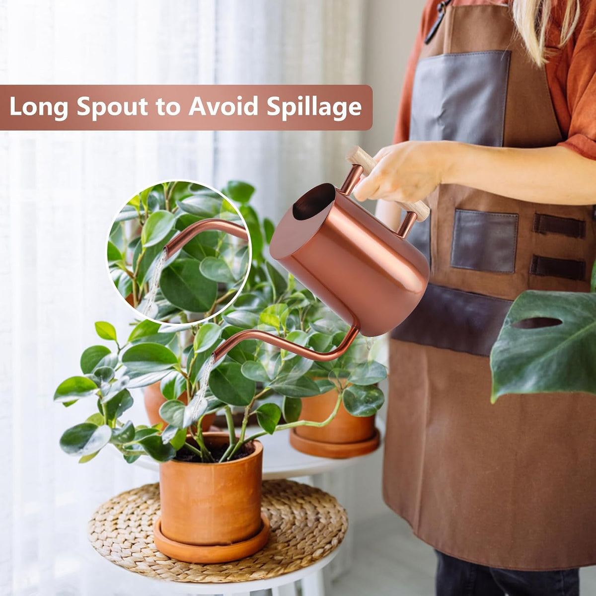 Watering Can Indoor Plants, 35oz Small Stainless Steel Metal Watering Can Modern Decorative Watering Pot with Long Spout for Indoor House Plant Bonsai Garden Flowers (Copper)
