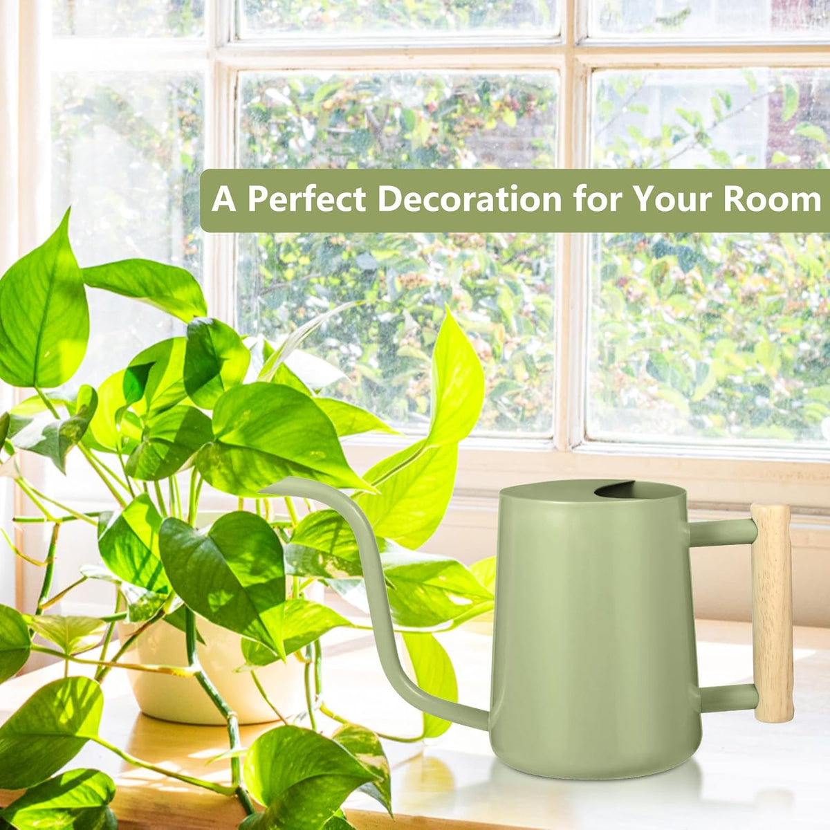 Watering Can Indoor Plants, 35oz Small Indoor Stainless Steel Metal Watering Can Modern Decorative Watering Pot with Long Spout for Indoor House Plant Bonsai Garden Flowers (Sage Green)