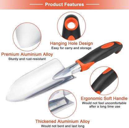 Garden Tools Set, 3 Pack Heavy Duty Gardening Tools Set Include Garden Shovel, Transplant Trowel and Hand Rake with Ergonomic Handle, Aluminum Alloy Lawn for Planting, Orange