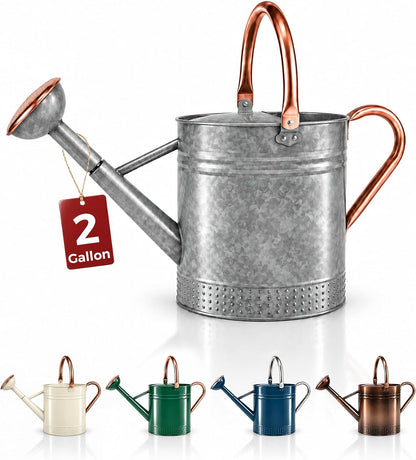 Bamworld Outdoor Watering Can Dual Handle Removable Nozzle 2 Gallon Silver