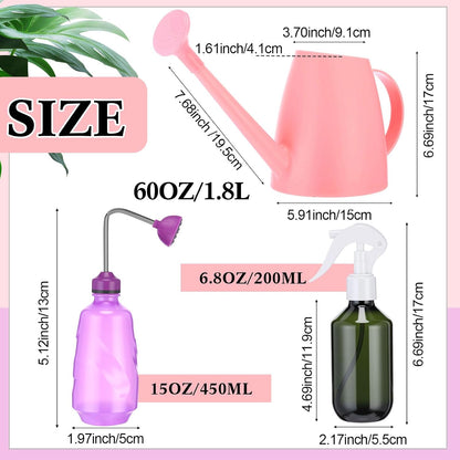 Reallnaive 1/2 Gallon Long Spout Watering Can Set for Indoor & Outdoor Plants – Includes Spray Bottle, Squeeze Bottle, Watering Globes & Soil Moisture Meter for Garden & House Plants(Pink)