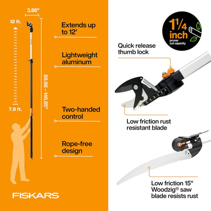 Fiskars 8-12 Ft Extendable 2-in-1 Tree Pruner & Pole Saw with Rotating Head