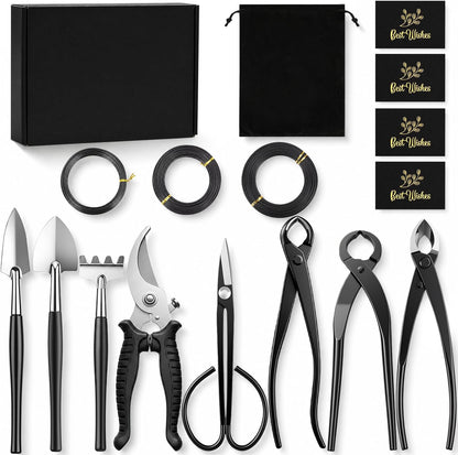 17 Pcs Bonsai Tool Kit Set, Bonsai Cutting Tools and Wire Rolls, Black