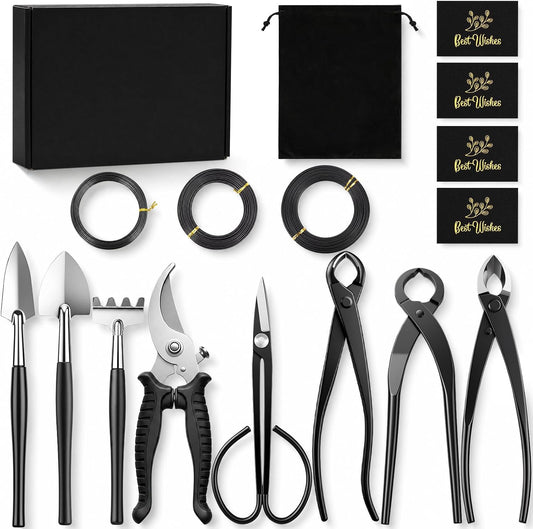 17 Pcs Bonsai Tool Kit Set, Bonsai Cutting Tools and Wire Rolls, Black