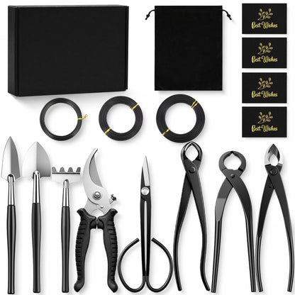 17 Pcs Bonsai Tool Kit Set, Bonsai Cutting Tools and Wire Rolls, Black