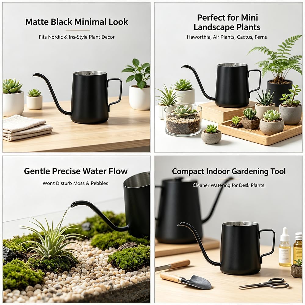 Mini Stainless Steel Watering Can (250ml) - 4mm Swan Neck Spout Small Watering Pot with Internal Scale & PTFE Coating - Gooseneck Kettle for Indoor Plants, Succulents & Pour-Over Coffee