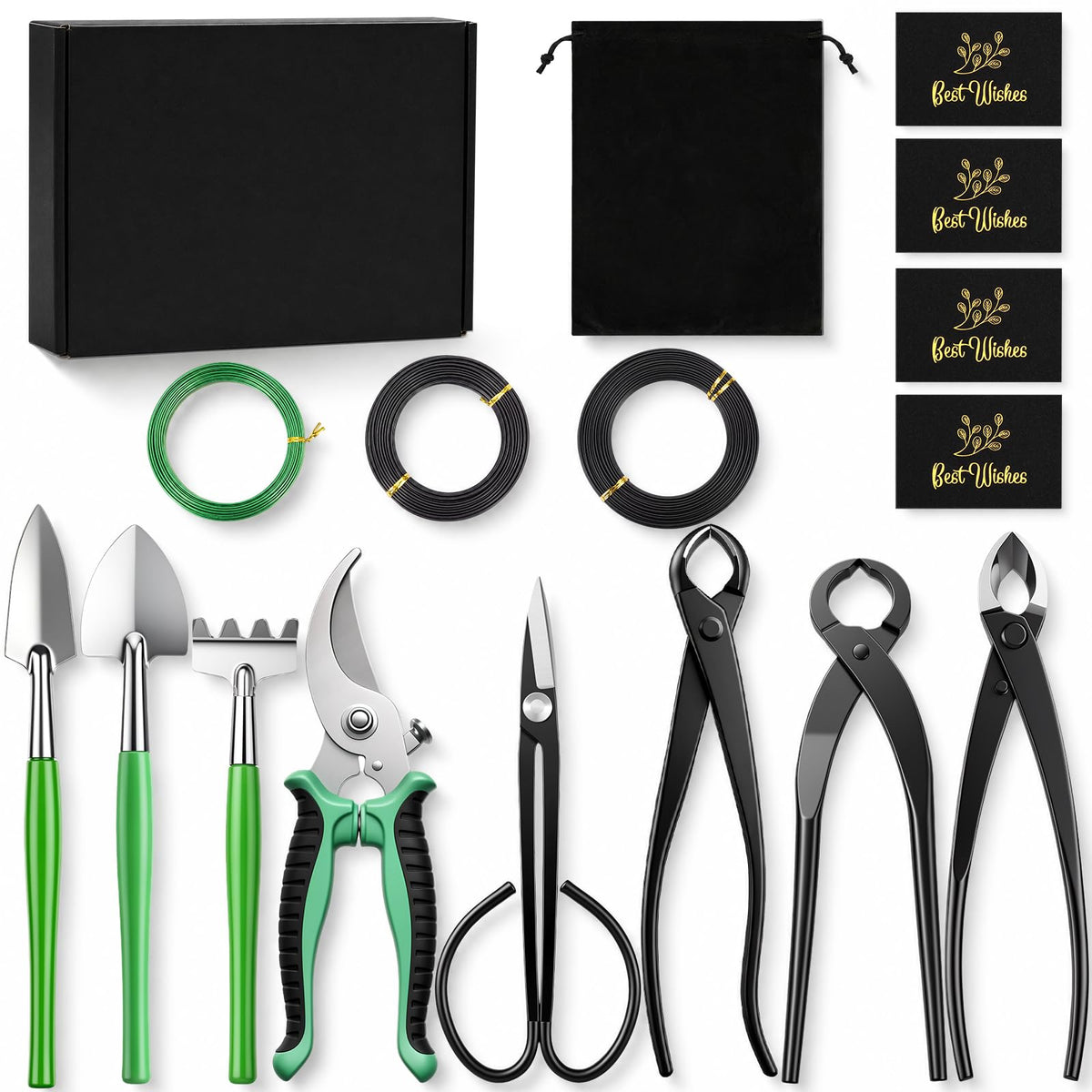17 Pcs Bonsai Tool Kit Set, Bonsai Cutting Tools and Wire Rolls, Black