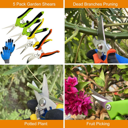 Pruning Shears, 5 Pack Garden Shears with Gardening gloves, Clippers Handheld, Stainless Steel Garden Snips, Lengnoyp Pruners for Gardening